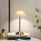 Contemporary Scandinavian rechargeable iron fabric conical folded LED table lamp for bedside