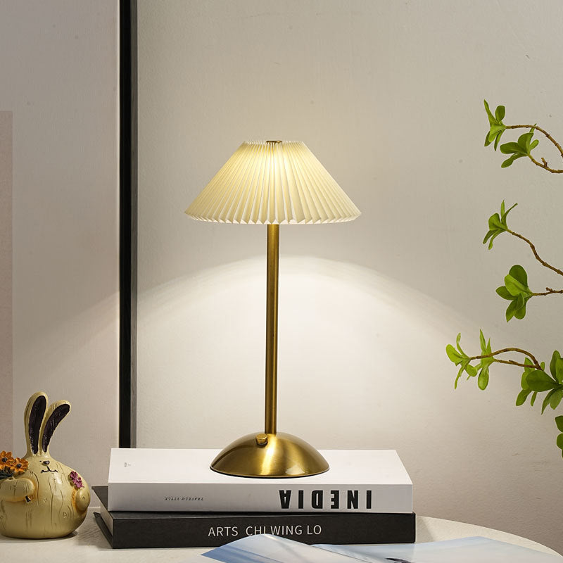 Contemporary Scandinavian rechargeable iron fabric conical folded LED table lamp for bedside