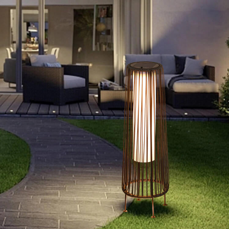Modern Minimalist Solar Waterproof Round Vertical Pull Strip Iron Rattan LED Standing Floor Lamp For Outdoor Terrace