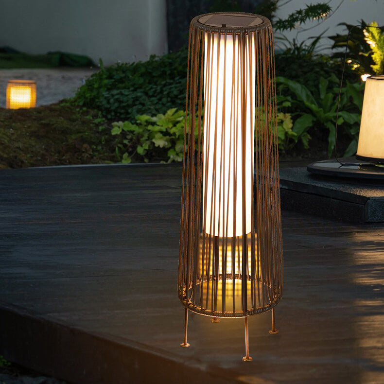 Modern Minimalist Solar Waterproof Round Vertical Pull Strip Iron Rattan LED Standing Floor Lamp For Outdoor Terrace