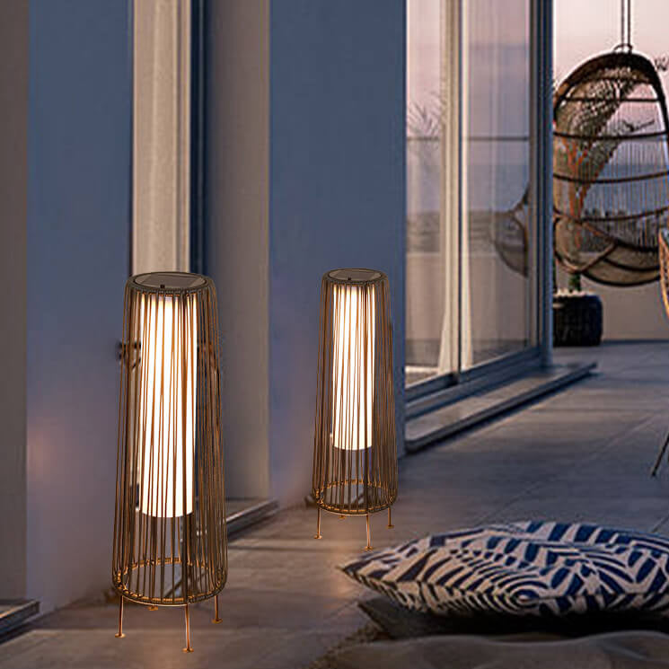 Modern Minimalist Solar Waterproof Round Vertical Pull Strip Iron Rattan LED Standing Floor Lamp For Outdoor Terrace