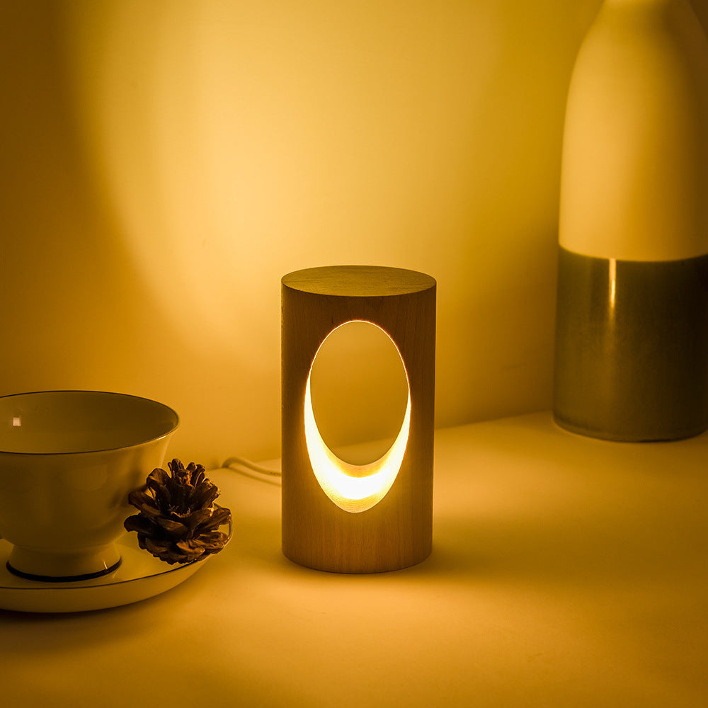 Japanese solid wood rectangular pillar LED bedside lamp USB table lamp