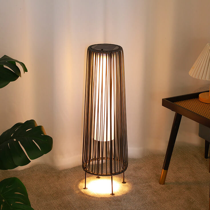 Modern Minimalist Solar Waterproof Round Vertical Pull Strip Iron Rattan LED Standing Floor Lamp For Outdoor Terrace