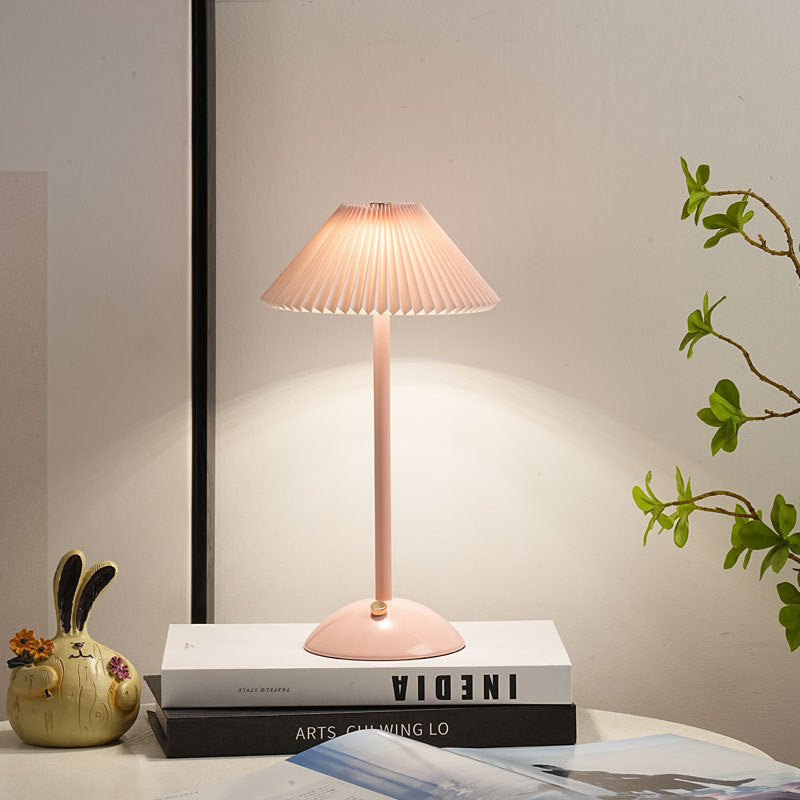 Contemporary Scandinavian rechargeable iron fabric conical folded LED table lamp for bedside