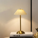 Contemporary Scandinavian rechargeable iron fabric conical folded LED table lamp for bedside