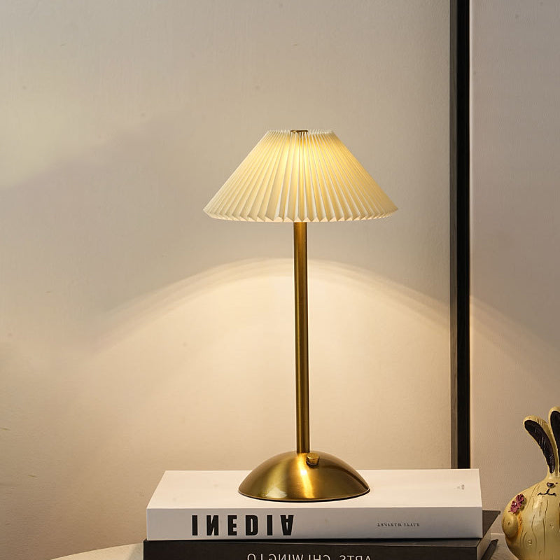 Contemporary Scandinavian rechargeable iron fabric conical folded LED table lamp for bedside