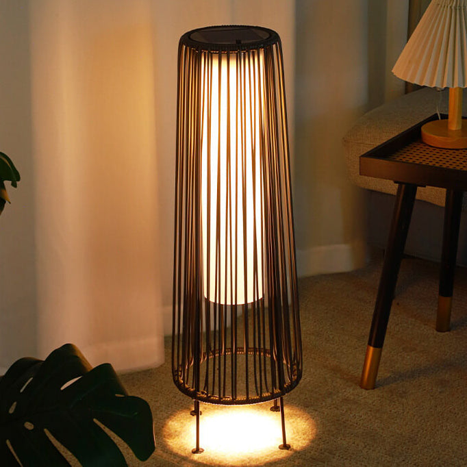 Modern Minimalist Solar Waterproof Round Vertical Pull Strip Iron Rattan LED Standing Floor Lamp For Outdoor Terrace