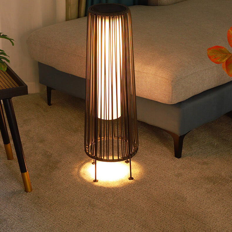 Modern Minimalist Solar Waterproof Round Vertical Pull Strip Iron Rattan LED Standing Floor Lamp For Outdoor Terrace