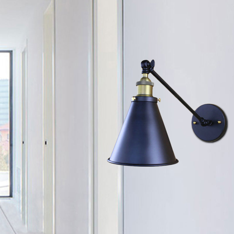 Black Finish Cone-Shaped Wall Lamp Retro Stylish Metal 1 Head Hallway Wall Lighting, 2 Packs