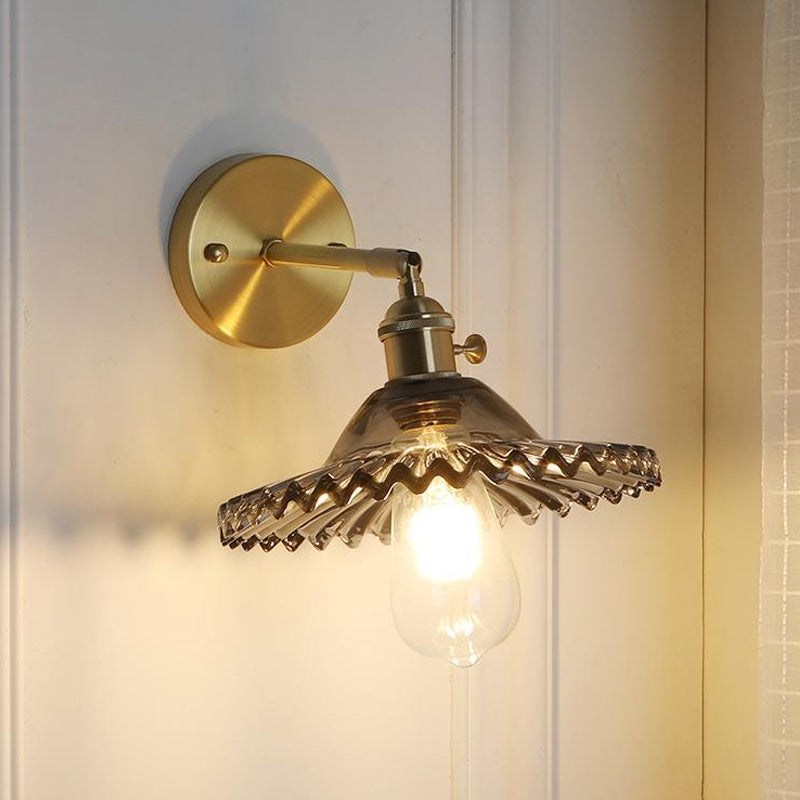 Brass Bowl Wall Light Industrial Smoke Glass 1 Light Living Room Wall Lamp Lighting Fixture
