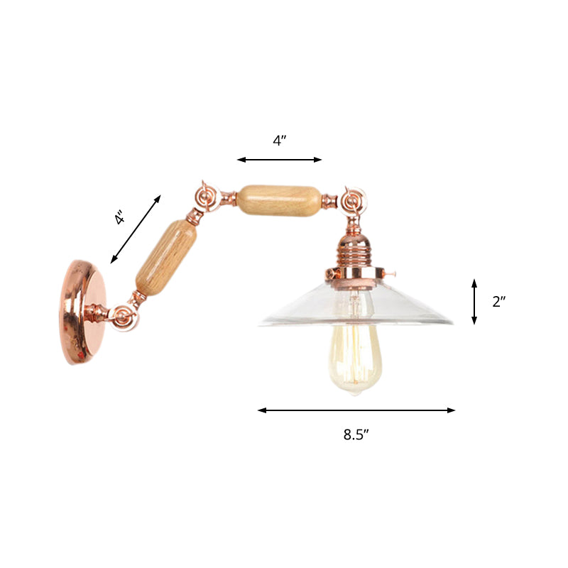 Clear Glass Wood Wall Lamp Cone 1-Light Industrial Wall Light with Extendable Arm