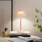 Contemporary Scandinavian rechargeable iron fabric conical folded LED table lamp for bedside