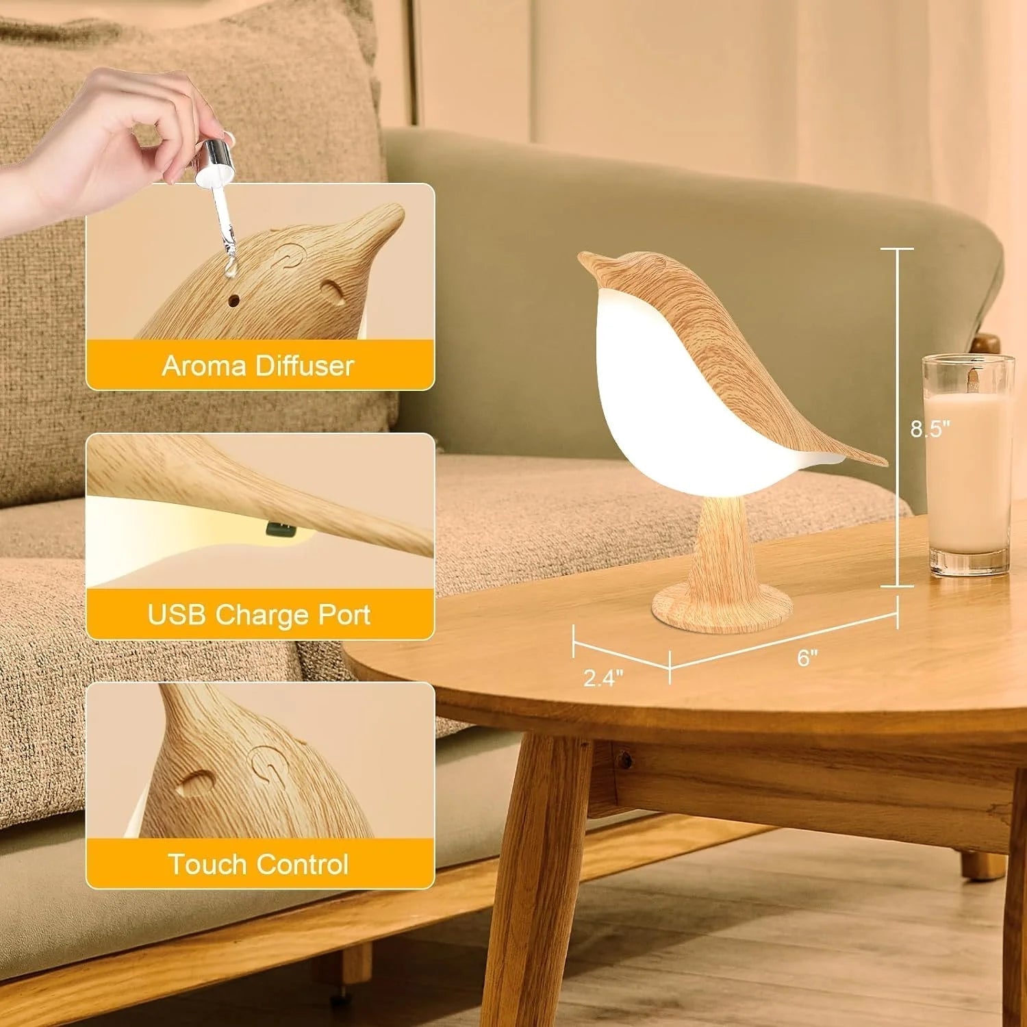 Touch-Control Wood Bird Night Light - Rechargeable LED Desk Lamp