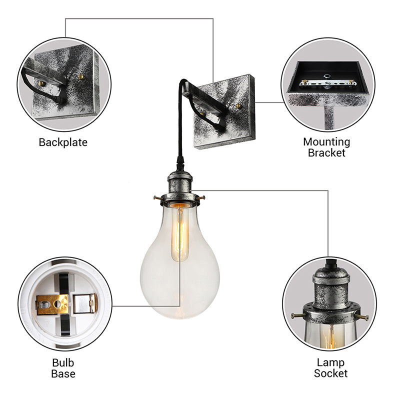 Black Bulb Shade Wall Lamp Industrial Clear Glass 1 Light Living Room Wall Lamps Light