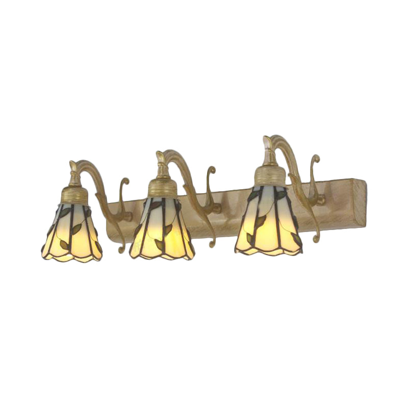 3 Heads Leaf Vanity Light Rustic Loft Stained Glass Makeup Mirror Light with Linear Backplate in Copper/Antique Brass/Gold | Madigas