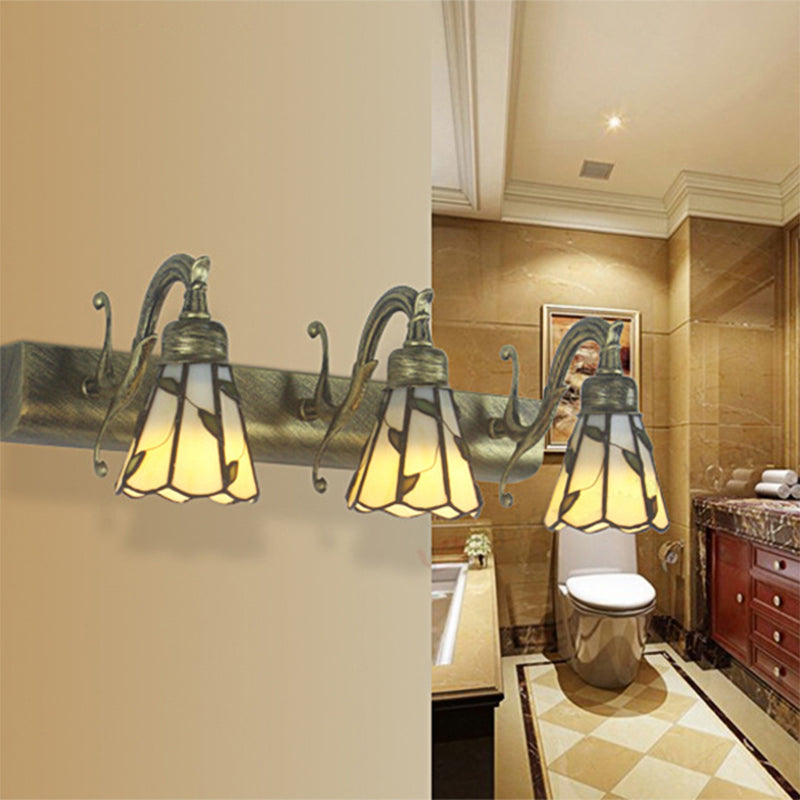 3 Heads Leaf Vanity Light Rustic Loft Stained Glass Makeup Mirror Light with Linear Backplate in Copper/Antique Brass/Gold | Madigas