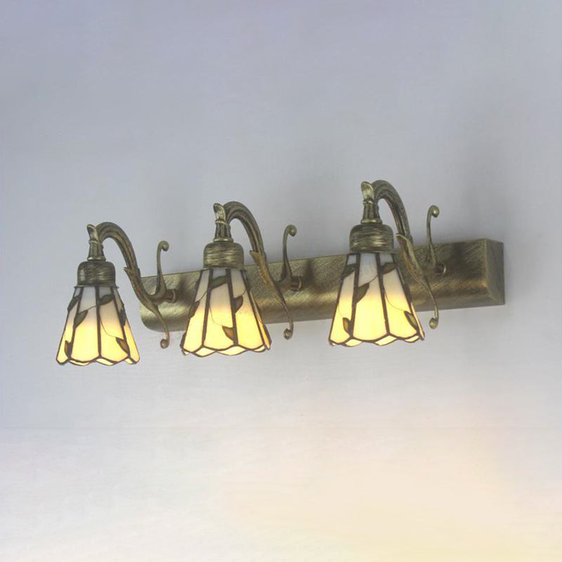 3 Heads Leaf Vanity Light Rustic Loft Stained Glass Makeup Mirror Light with Linear Backplate in Copper/Antique Brass/Gold | Madigas