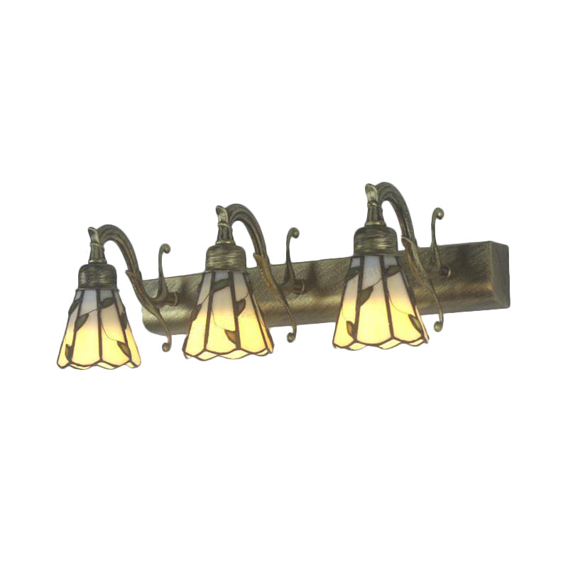3 Heads Leaf Vanity Light Rustic Loft Stained Glass Makeup Mirror Light with Linear Backplate in Copper/Antique Brass/Gold | Madigas