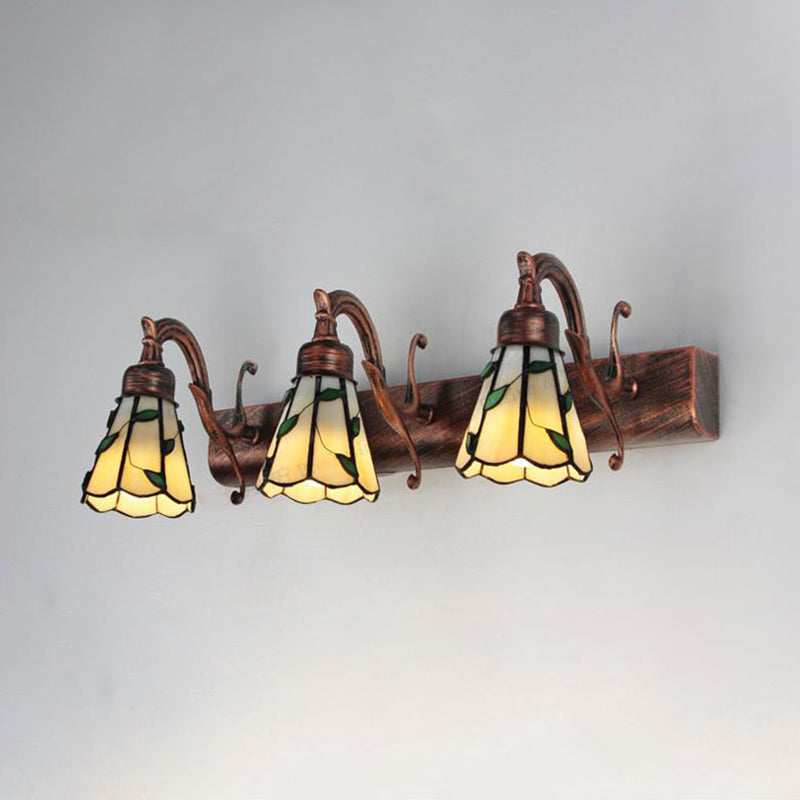 3 Heads Leaf Vanity Light Rustic Loft Stained Glass Makeup Mirror Light with Linear Backplate in Copper/Antique Brass/Gold | Madigas