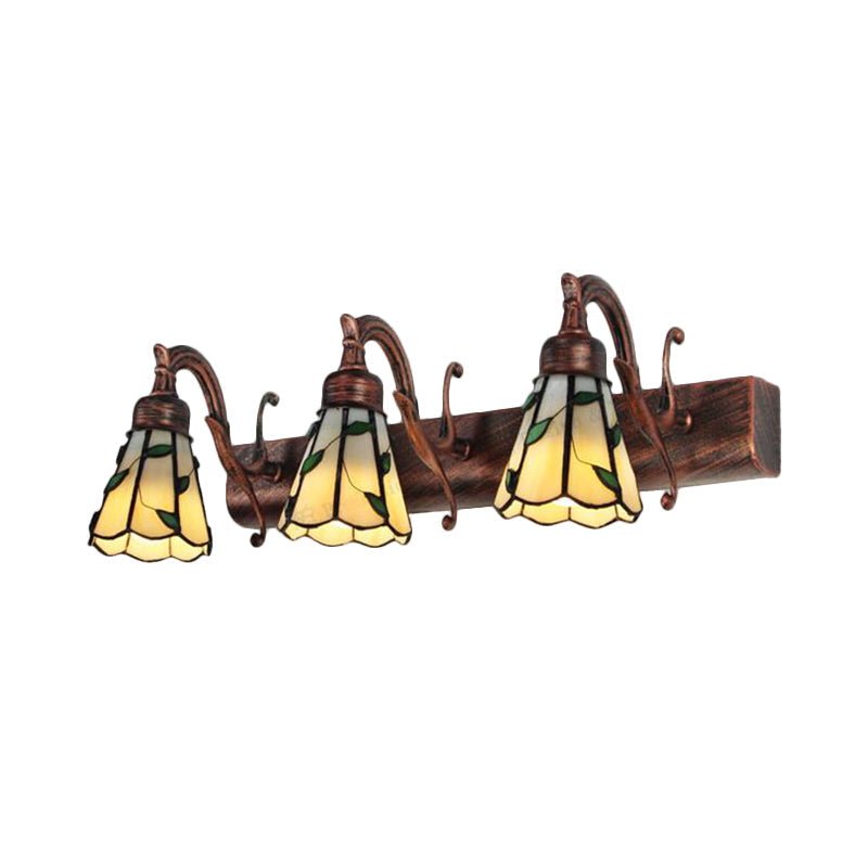 3 Heads Leaf Vanity Light Rustic Loft Stained Glass Makeup Mirror Light with Linear Backplate in Copper/Antique Brass/Gold | Madigas