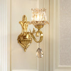 Clear crystal flower wall lamps contemporary 1-light wall sconce with carved arm in gold for hallway