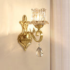 Clear crystal flower wall lamps contemporary 1-light wall sconce with carved arm in gold for hallway