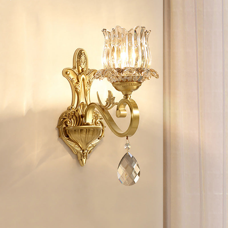 Clear crystal flower wall lamps contemporary 1-light wall sconce with carved arm in gold for hallway
