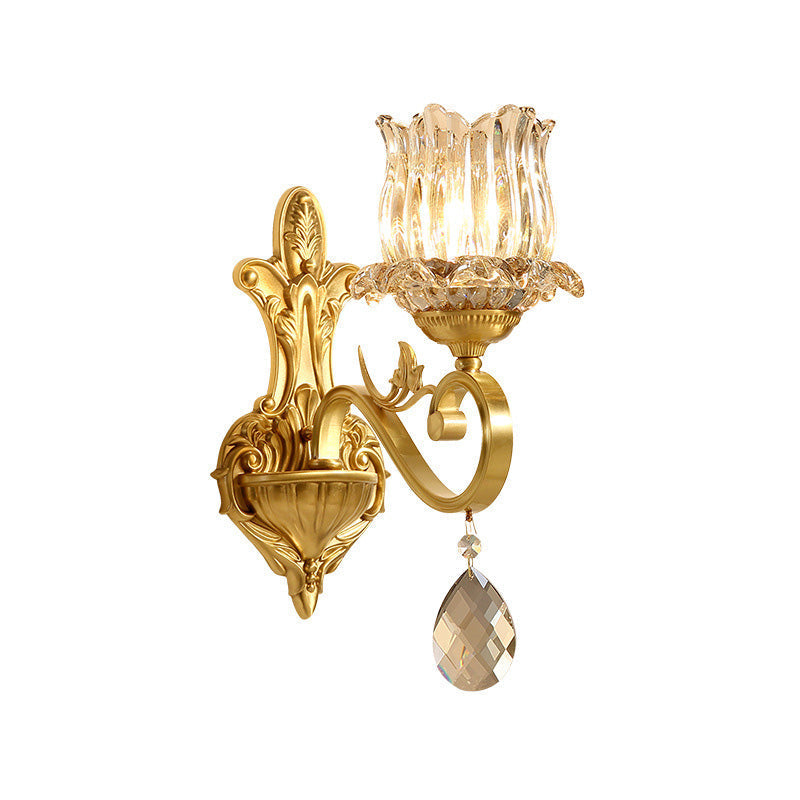 Clear crystal flower wall lamps contemporary 1-light wall sconce with carved arm in gold for hallway
