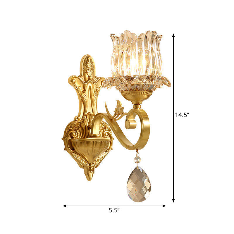 Clear crystal flower wall lamps contemporary 1-light wall sconce with carved arm in gold for hallway
