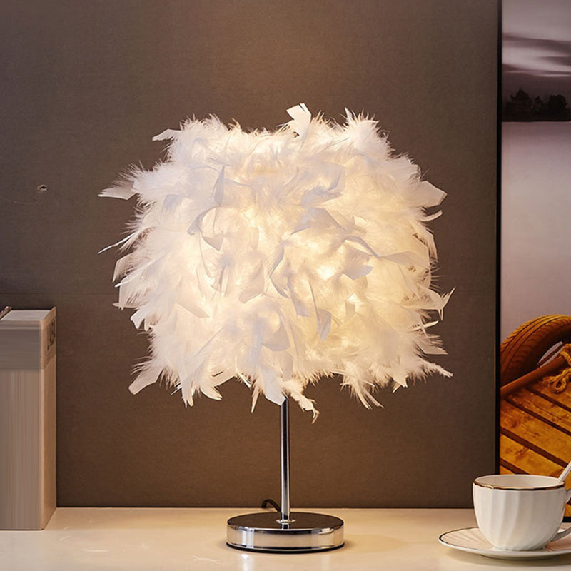 White Cylindrical Table Lamp Simplicity Single Bulb Feather Table Lamp