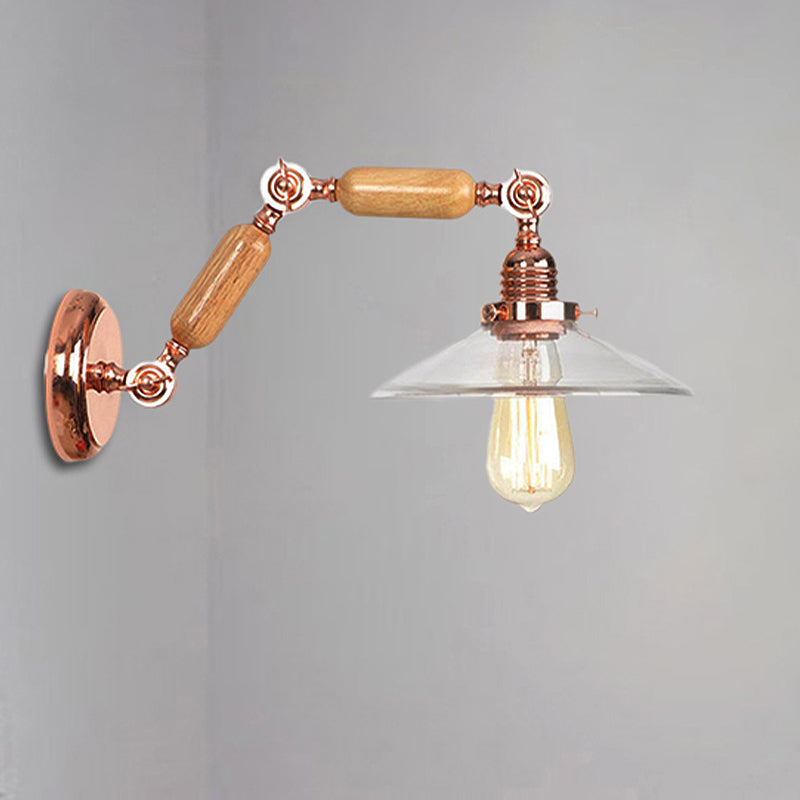 Clear Glass Wood Wall Lamp Cone 1-Light Industrial Wall Light with Extendable Arm