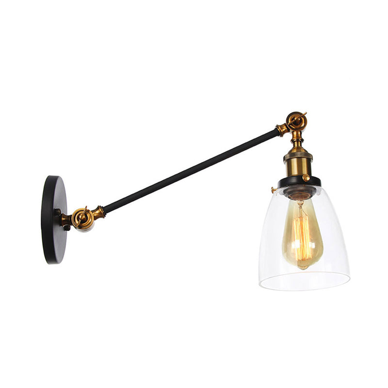 Black/Bronze/Brass 1-Light Wall Lamp Fixture Industrial Style Clear Glass Cone Light with Arm, 8"/12" L