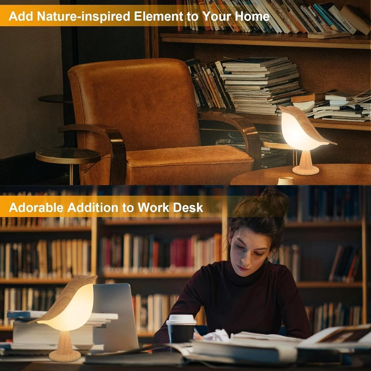 Touch-Control Wood Bird Night Light - Rechargeable LED Desk Lamp