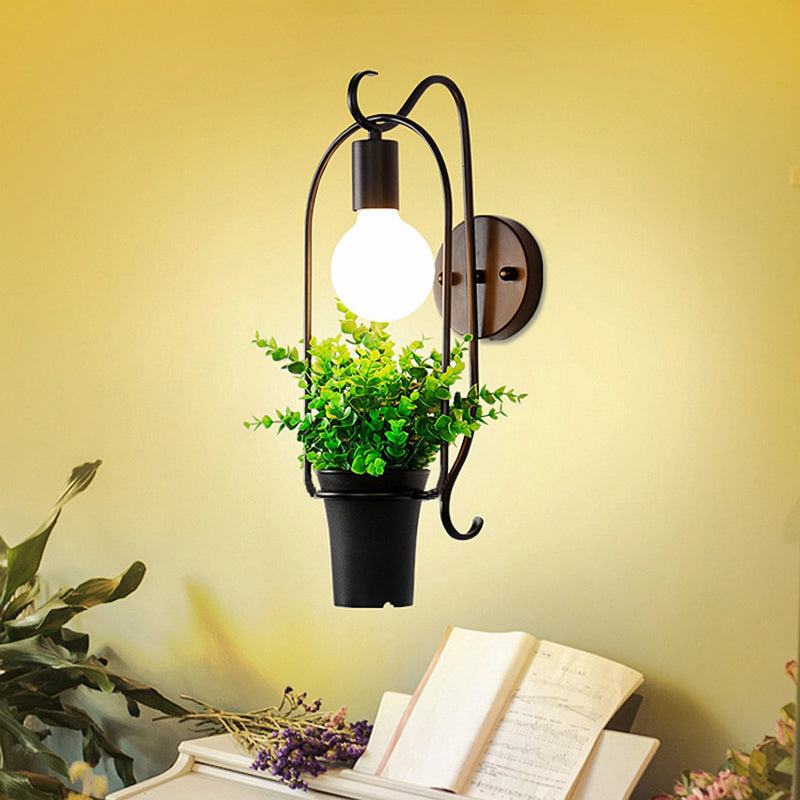 Pot Plant Restaurant Wall Lamp Industrial Metal 1 Light Black LED Wall Lighting