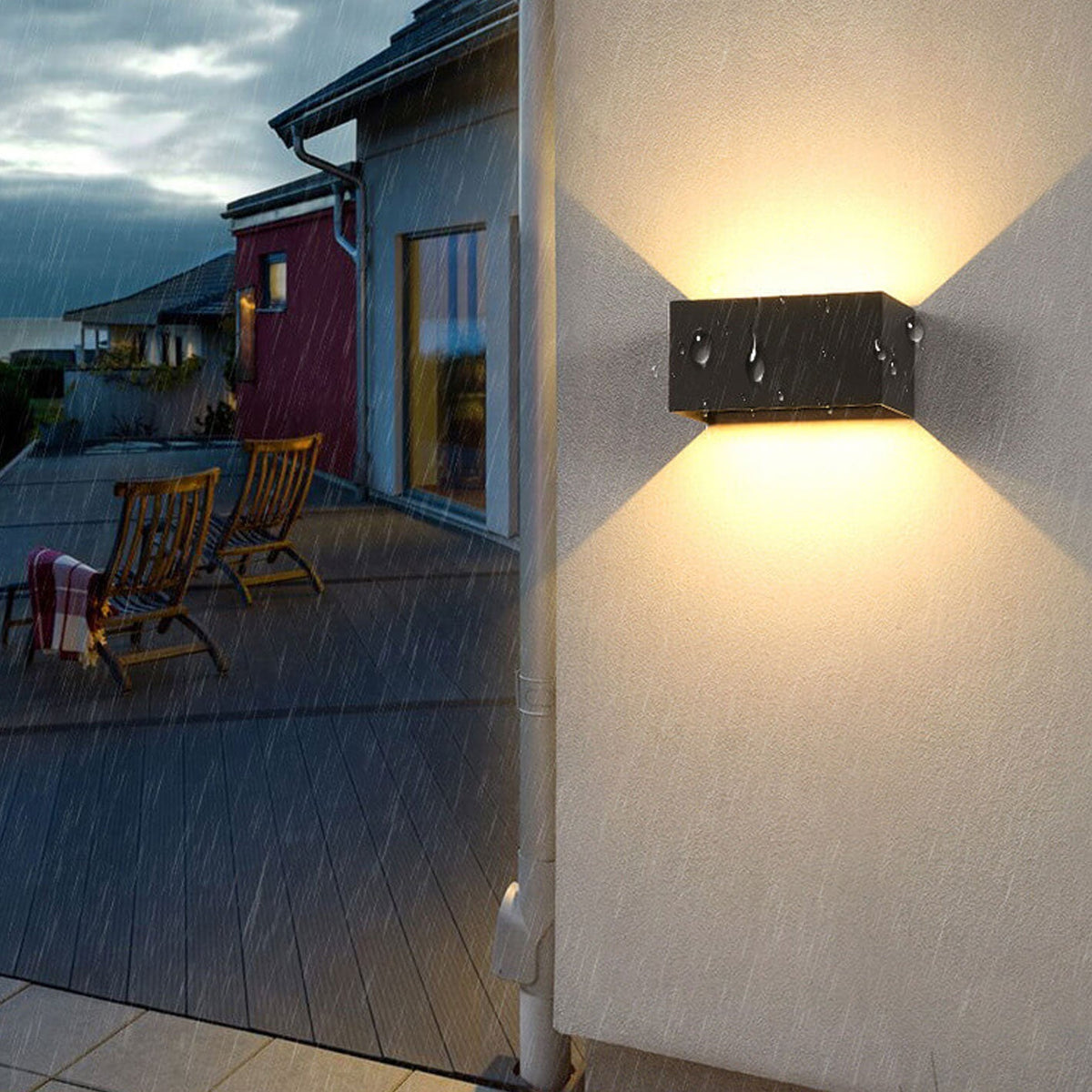 Modern waterproof rectangular LED wall light for outdoor use with upward and downward lighting