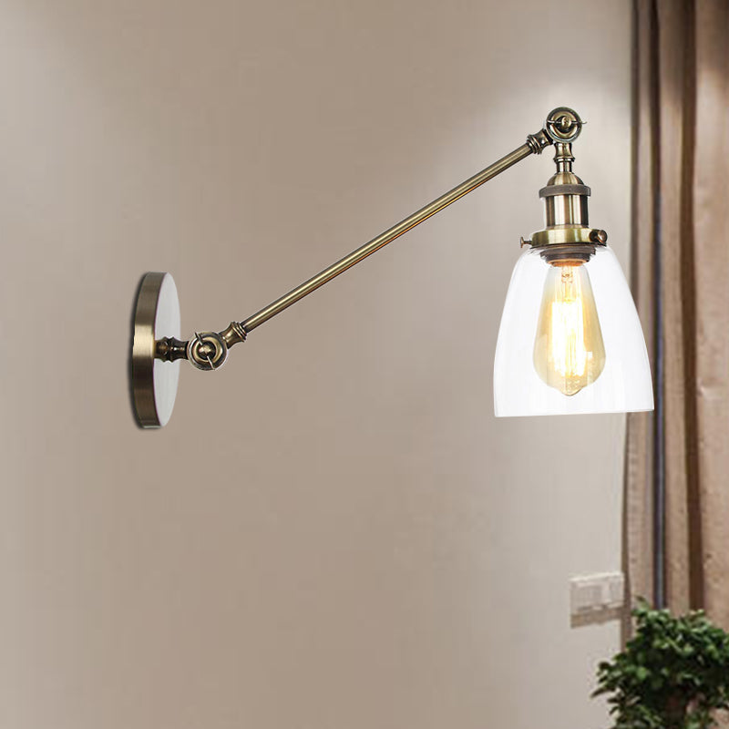 Black/Bronze/Brass 1-Light Wall Lamp Fixture Industrial Style Clear Glass Cone Light with Arm, 8"/12" L