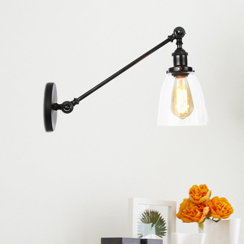 Black/Bronze/Brass 1-Light Wall Lamp Fixture Industrial Style Clear Glass Cone Light with Arm, 8"/12" L