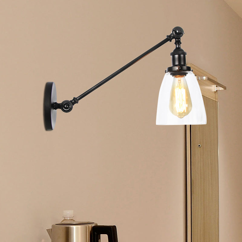 Black/Bronze/Brass 1-Light Wall Lamp Fixture Industrial Style Clear Glass Cone Light with Arm, 8"/12" L
