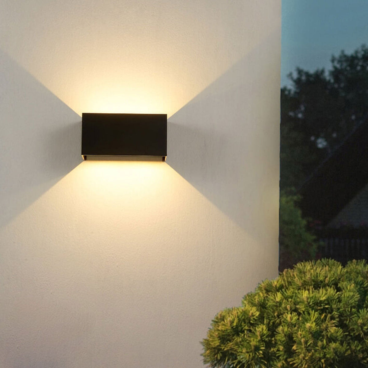 Modern waterproof rectangular LED wall light for outdoor use with upward and downward lighting