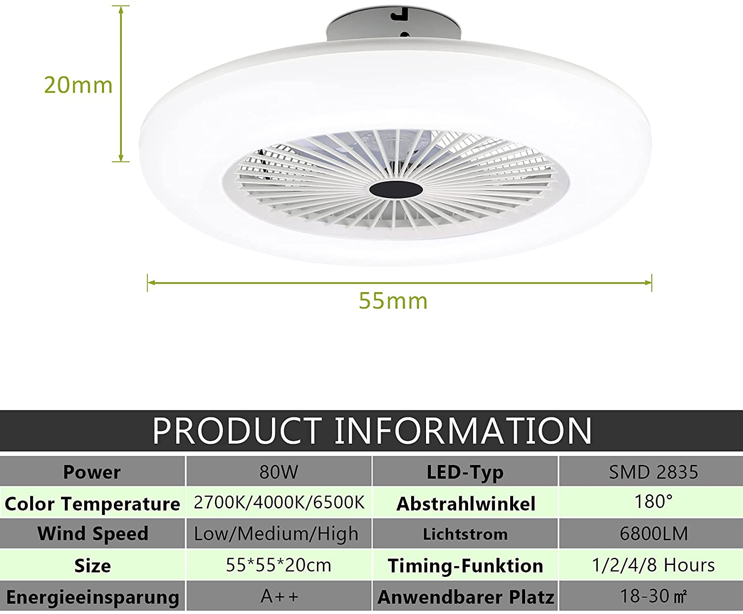 Ceiling fan with lighting 80W with remote control