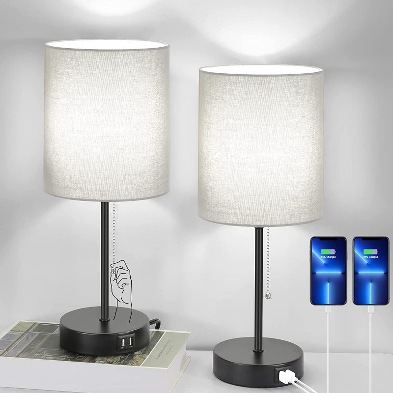 Table lamp set of 2 with USB charging ports, gray bedside lamps with AC socket, bedside lamps with pull switch, minimalist modern desk lamps with fabric shade for living room bedroom office