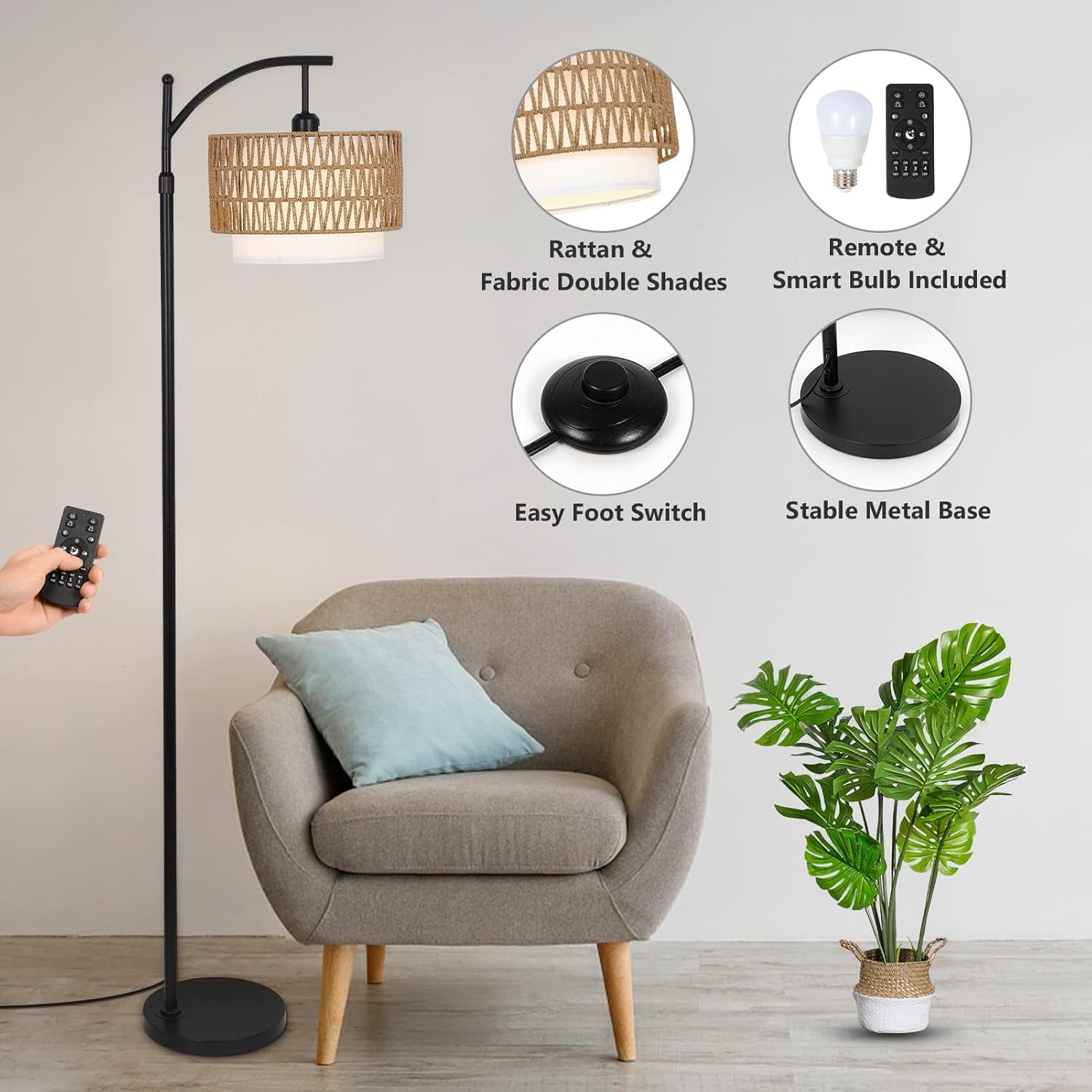 Arc Floor Lamp with Remote Control & Double Shade
