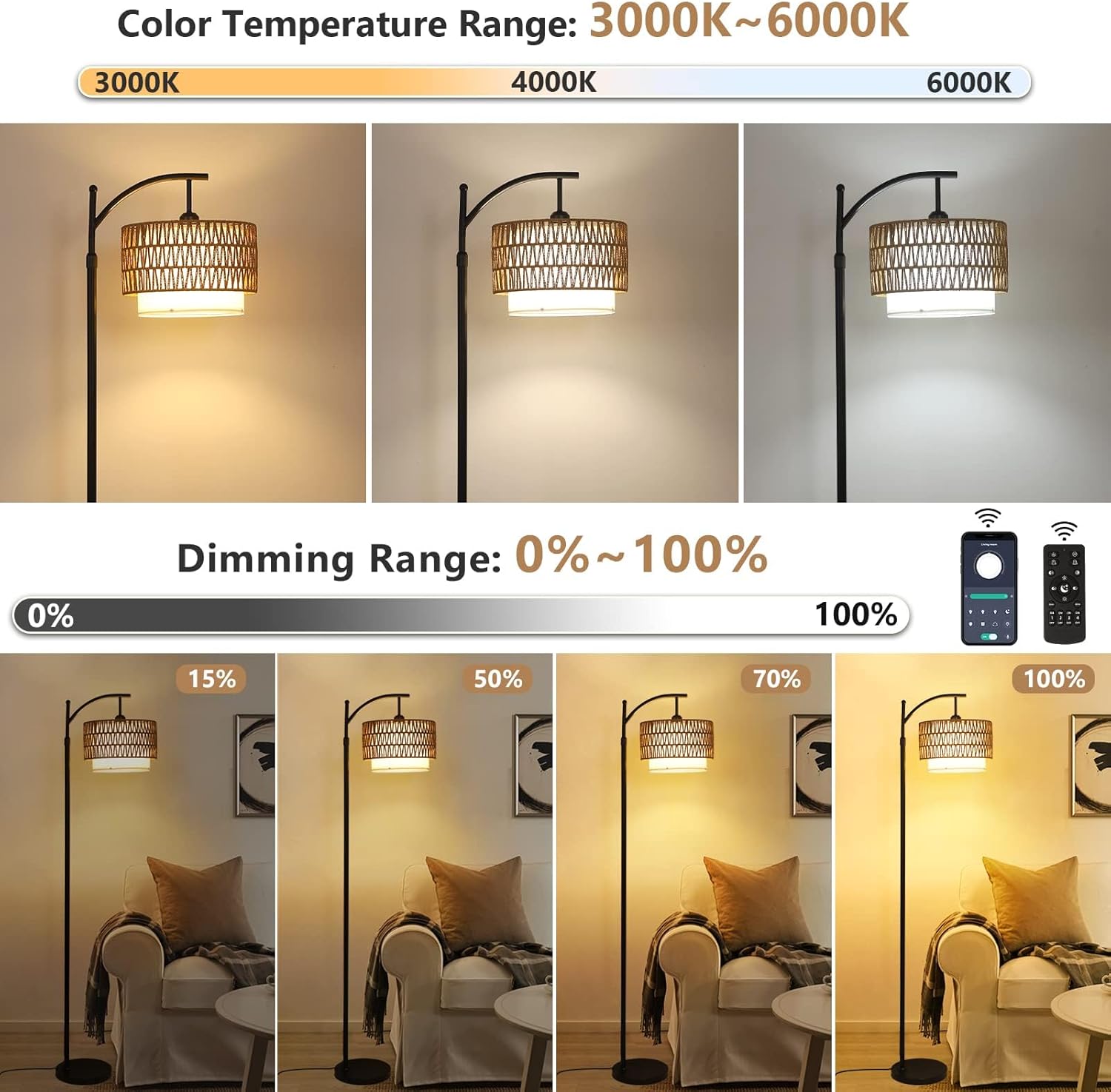 Arc Floor Lamp with Remote Control & Double Shade