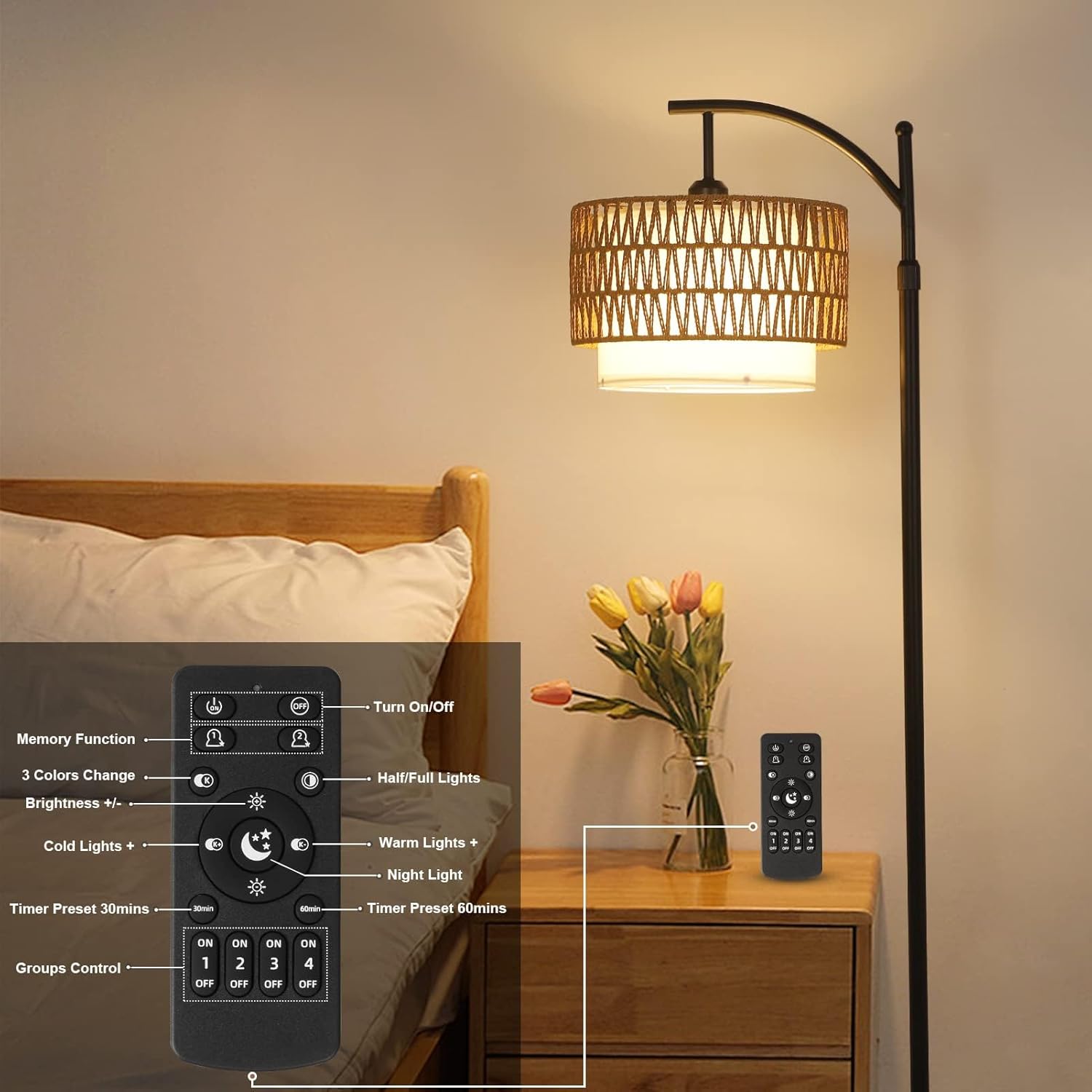 Arc Floor Lamp with Remote Control & Double Shade