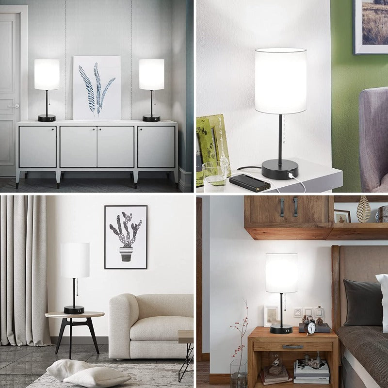 Table lamp set of 2 with USB charging ports, gray bedside lamps with AC socket, bedside lamps with pull switch, minimalist modern desk lamps with fabric shade for living room bedroom office