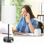 Table lamp set of 2 with USB charging ports, gray bedside lamps with AC socket, bedside lamps with pull switch, minimalist modern desk lamps with fabric shade for living room bedroom office