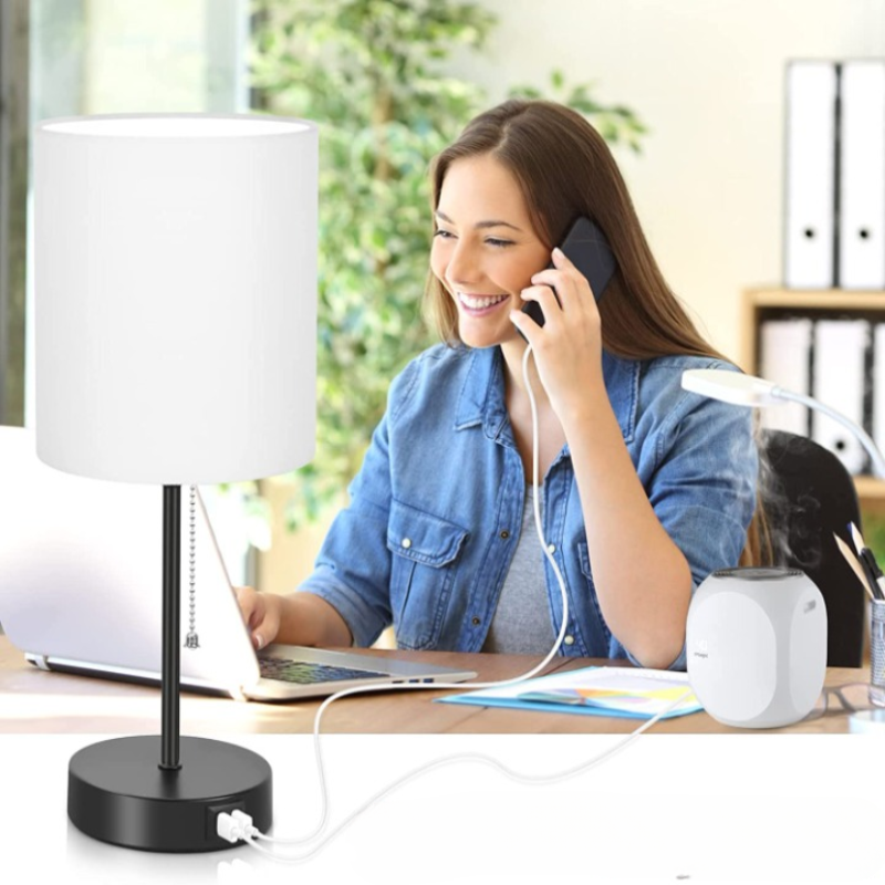 Table lamp set of 2 with USB charging ports, gray bedside lamps with AC socket, bedside lamps with pull switch, minimalist modern desk lamps with fabric shade for living room bedroom office