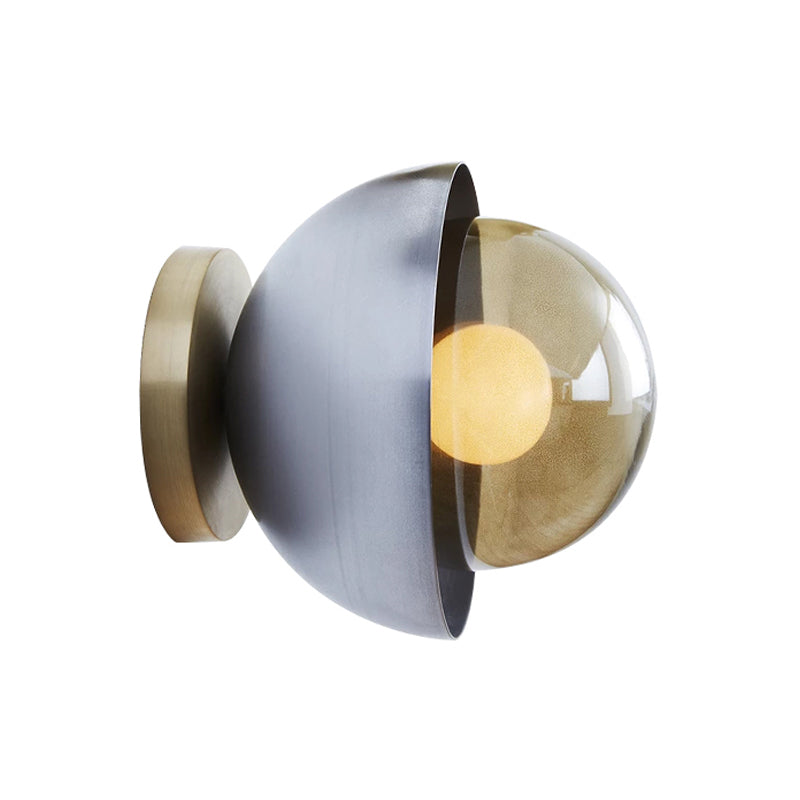 Metallic Half Moon Wall Light Modernist 1-Light Brass/Chrome Wall Light with Orb Tan Glass Shade for Hallway