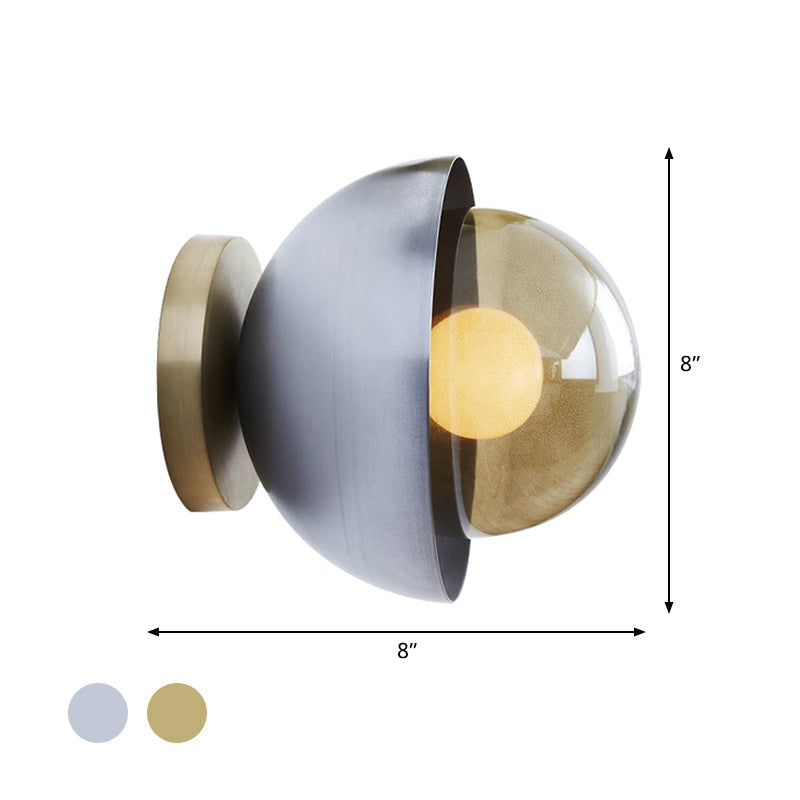 Metallic Half Moon Wall Light Modernist 1-Light Brass/Chrome Wall Light with Orb Tan Glass Shade for Hallway