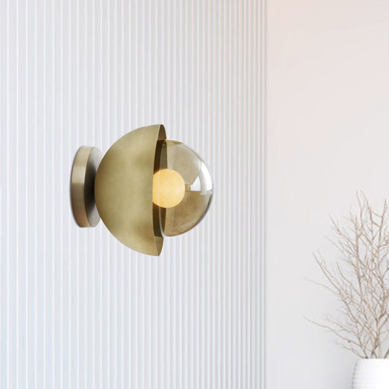 Metallic Half Moon Wall Light Modernist 1-Light Brass/Chrome Wall Light with Orb Tan Glass Shade for Hallway